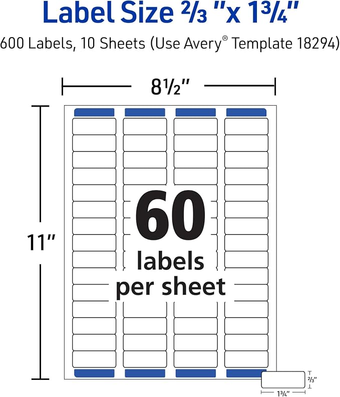 Avery® Printable Return Address Labels, Sure Feed® Technology, 2/3" x 1-3/4", White, Laser & Inkjet Compatible, 600 Blank Labels Total, Great for Mailing, Branding, and More (18294)