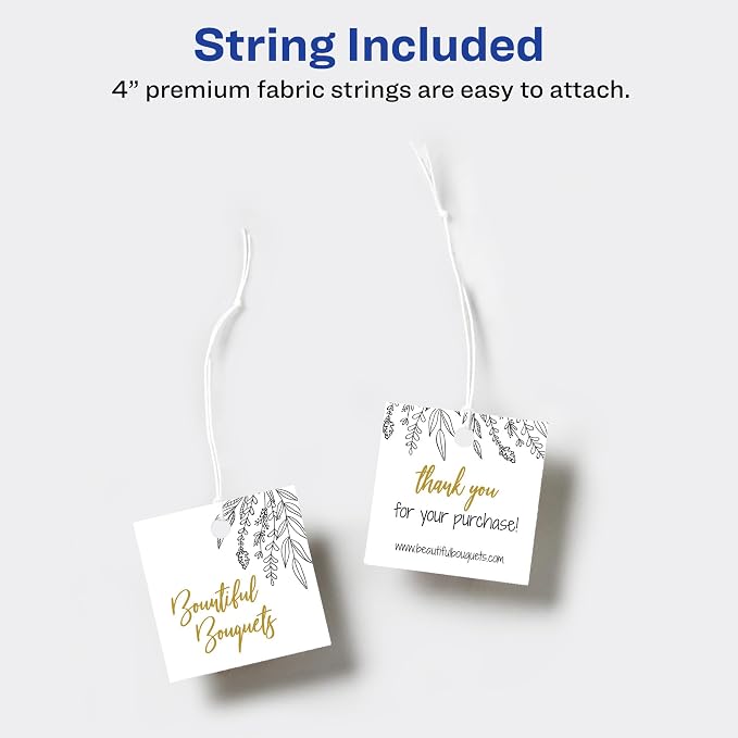 Avery® Square Tags, Sure Feed® Technology, 2" x 2", Matte White, Strings Included, 120 Total, Print-to-the-Edge, Laser/Inkjet Printable (80513)