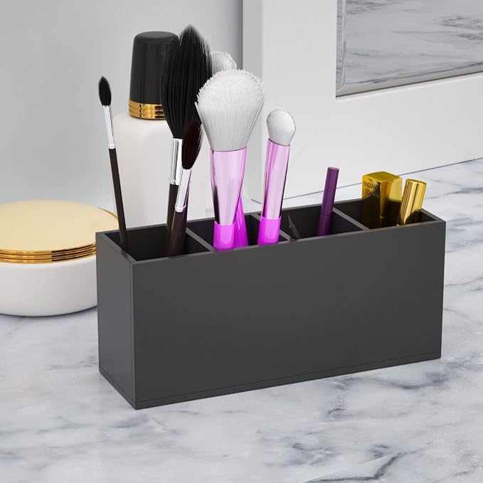 NIUBEE Acrylic Pen Holder 4 Compartments, Black Pencil Organizer Cup for Countertop Desk Accessory Storage (Black) | Scratch-resistant thick acrylic with 4 slots for pens, pencils, makeup brushes, office, vanity and school use