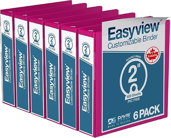 Easyview 3-Ring Binder, Clear-View Cover, 2" Round Rings, 6 Pack | Heavy-duty binder, fits 8.5" x 11" paper, pink, customizable cover, made in Canada, ideal for school or office use