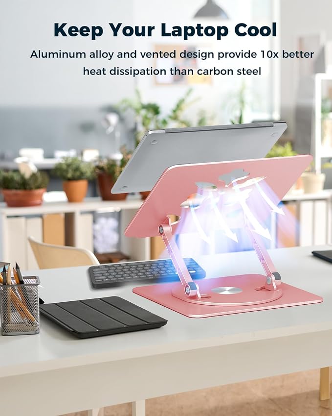 Aoviho 360° Rotating Laptop Stand for Desk | Adjustable, Foldable, Portable Aluminum Ergonomic Riser | Compatible with MacBook, Dell, HP & All Laptops 10-16 inch | Rose Gold