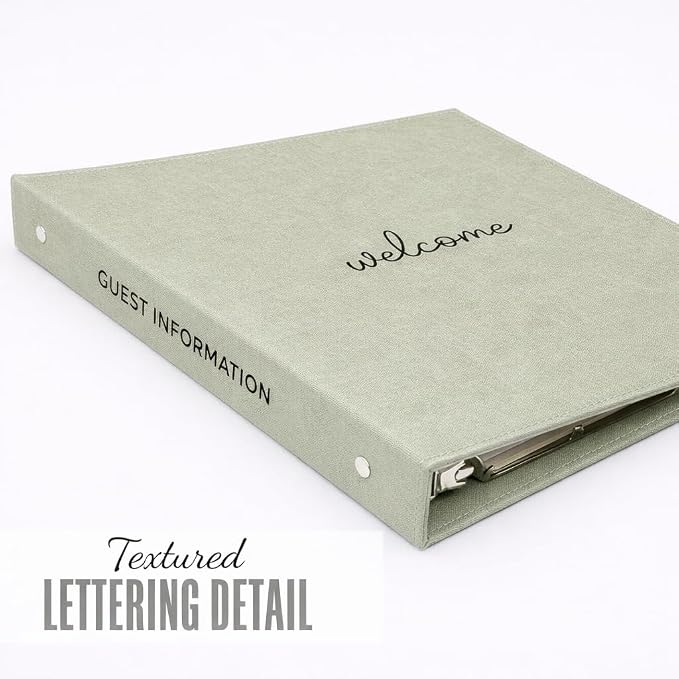 Paper 'n Such Welcome Binder for Short Term Rentals –Green Linen Fabric 3 Ring Folder for Airbnb, Vacation Home, House Manual & Guest Information - Letter Size
