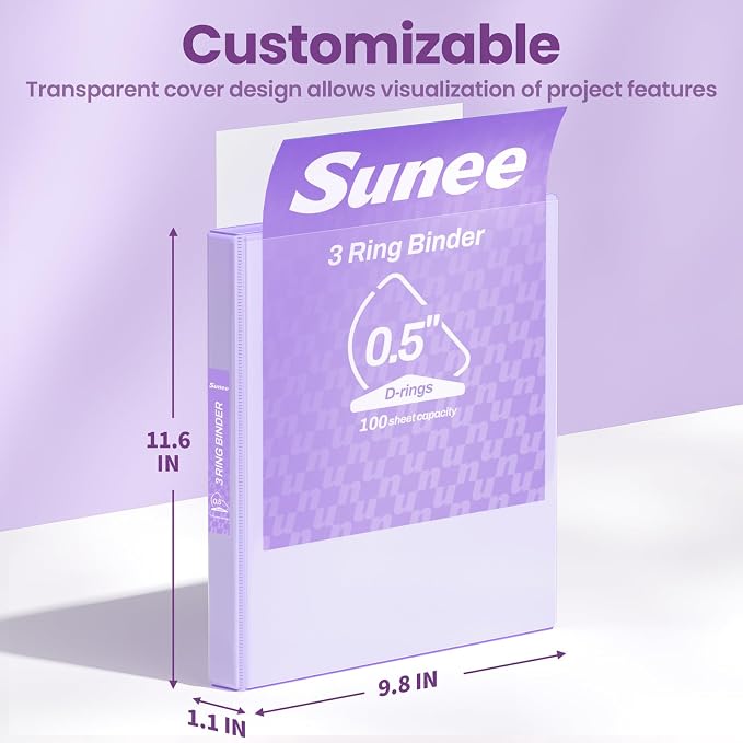 SUNEE 3 Ring Binder 1/2 Inch D Ring, Clear View Binder Three Ring PVC-Free (Fit 8.5x11 Inches) for School or Office Supplies, Light Purple, 1 Pack
