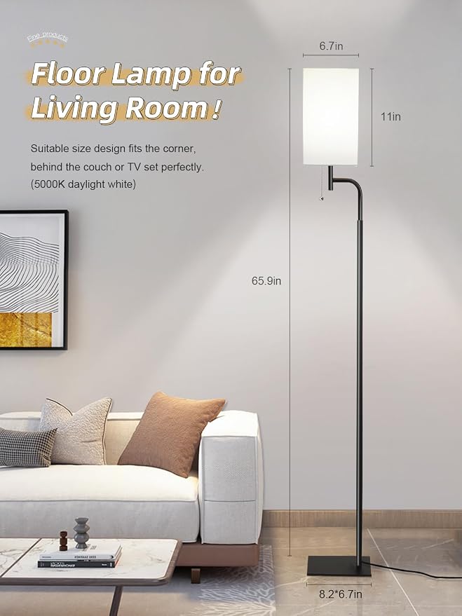 Modern Floor Lamp for Living Room, Linen Shade with Slim Base Design | Fits behind sofas and sectionals|Space-saving design for compact spaces|3 color temperatures for bedrooms and offices