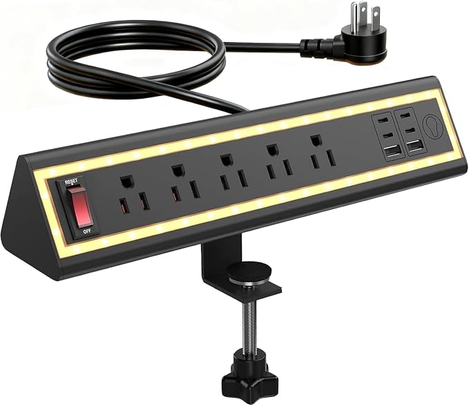 Desk Clamp Power Strip with Nightlight, 40W Fast Charging, 10FT Extension Cord, 4x20W USB-C & 2 USB Ports, 5 AC Outlets, Fits 1.69-Inch Table Edges