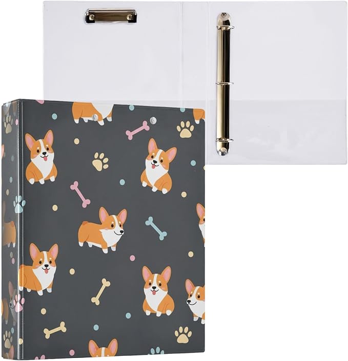 Corgi Paws 3 Ring Binder, 1.5 Inch Heavy Duty Decorative Binder with 2 Pockets, Letter Size Office Organizer