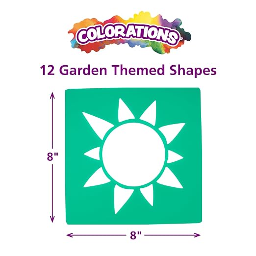 Colorations Garden Stencils, 12 Garden Designs, Made from Washable Plastic | Ages 5+, Kindergarten+, 8" Each, Jumbo Size, Kids Sturdy Stencils, Arts and Crafts