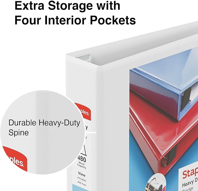 Staples Heavy-Duty 2-Inch D-Ring View Binder, White – Large Capacity 3-Ring Binder for School & Office Storage