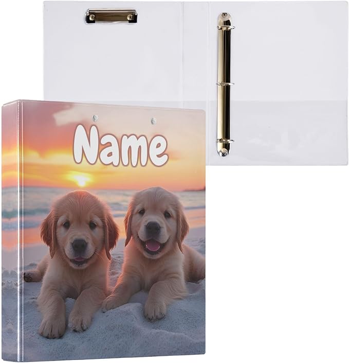 Custom 3 Ring Binder Golden Retriever Puppy Dogs 1.5" Round Ring Binders Personalized Name View Binder with 200 Sheet for Kids School Supplies Women Men Office, 1 Pack