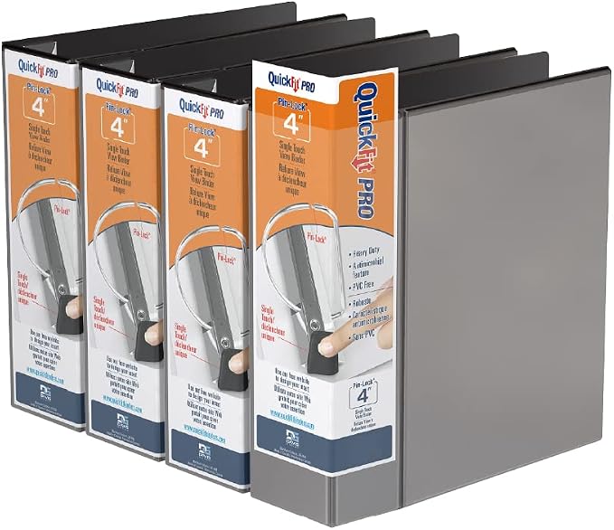 QuickFit PRO Heavy Duty Single Touch View Binder, D Ring, Black, 4 Pack, 4 Inch