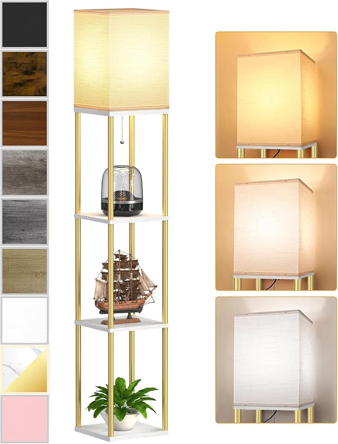 Floor Lamp with Shelves, Modern Corner Display Standing Column Shelf Lamp Etagere Organizer Tower Nightstand with White Linen Shade for Living Room, Bedroom and Office, Marble White and Gold Poles