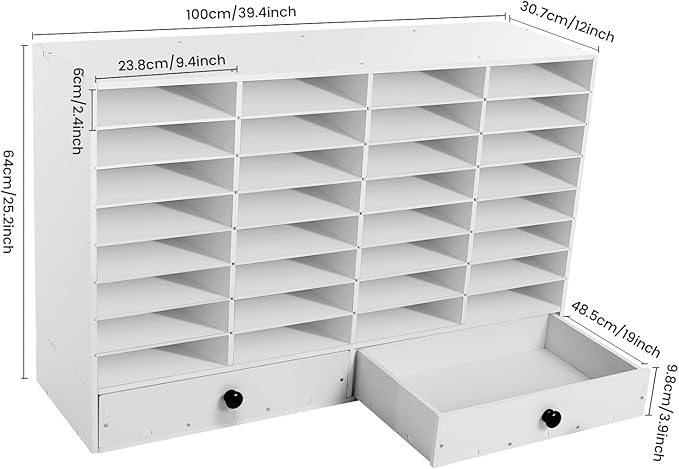 SHIECAMASIC Literature Organizer, 32 Compartments Office Mailbox with 2 Drawers & Adjustable Shelves, Durable Desktop File Sorter for Home, Office and School (White)