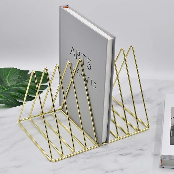 Gold File Holder Organizer, Triangle Record Album Holder Magazine Wire Rack, 9 Slot Multifunction Desktop Storage Decor for Home Office