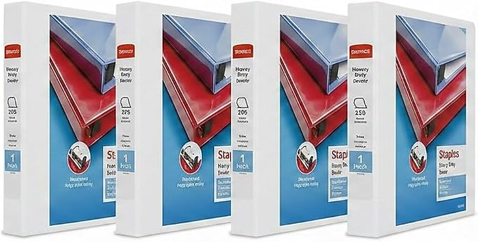 Staples Heavy Duty 1" 3-Ring View Binder, D-Ring, White, 4/Pack