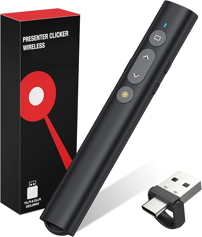 2 in 1 USB Type C Presentation Clicker with Laser Pointer, Wireless Presenter for PowerPoint Presentation PPT Clicker, 2.4GHz Presenter Remote Slide Advancer with Bright Red Laser Pointer