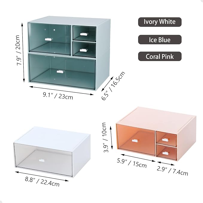 Stackable Storage Drawers, Office Desk Organizer with 4 Mix Drawers | Pink, Plastic Mini Desktop Storage Box, Tabletop Small Craft Drawer for Office Supplies, Makeup Desk Organizer and Accessory