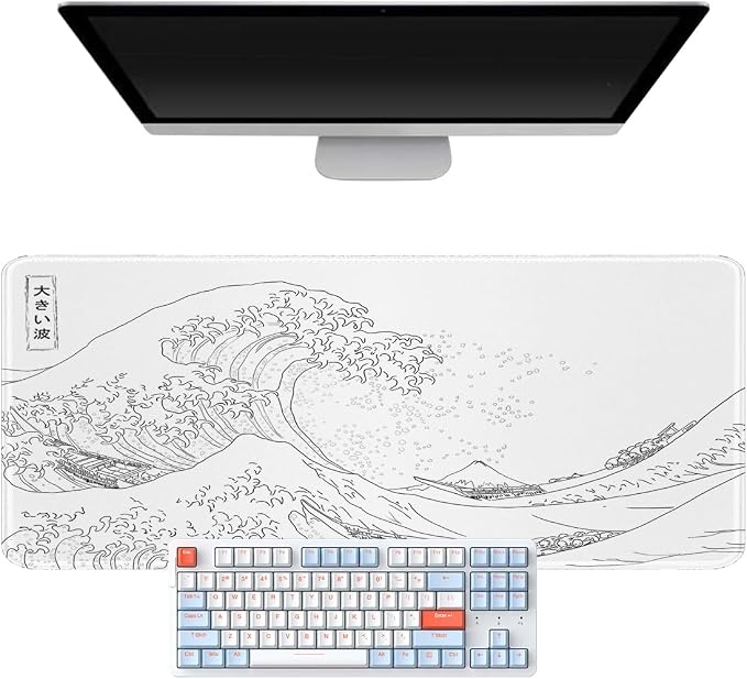 Large Gaming Mouse Pad with Stitched Edges,Non-Slip Base Desk Pad,White Wave of Japanese Kanagawa Mouse Pad,XL 11.8x31.5 inch Extended Keyboard Pad Long Desk Pad for Office and Game