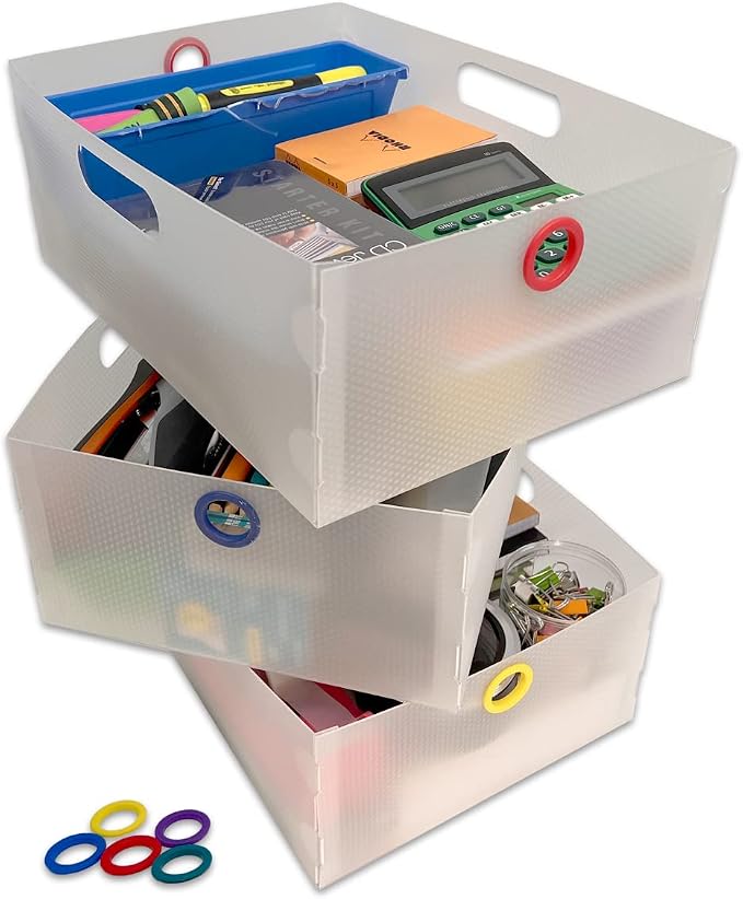 Ultimate Office TierDrop Storage Drawers, 9w x 12d x 4.75h, Set of 3, Clear | Color-coded finger rings for easy access to contents; stores desk accessories and supplies; designed for TierDrop organizers