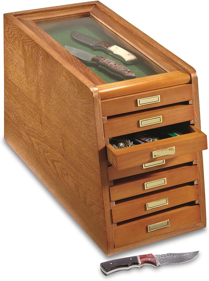 Collector's Cabinet Display Case for Collectibles, Wood 7-Drawer Storage Organizer Oak