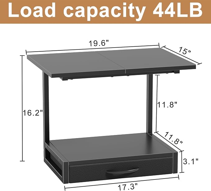 YAOHUOO 2-Tier Desktop Printer Stand with Fabric Drawer,19.6"x14.9" Black | Printer Table with Storage Shelf,Desk Organizer for Home Office,Fit Printer,Fax Machine,Scanner,Space Saving for Two Monitors