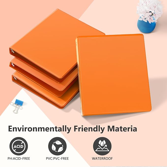 ViVin 1 Inch Round Ring View Binder for Durability, 6-Pack (Orange) | Standard 3 Ring Binder for 200 Sheets of US Letter Size Paper, PVC-Free, Clear View Cover, Office Home School Use