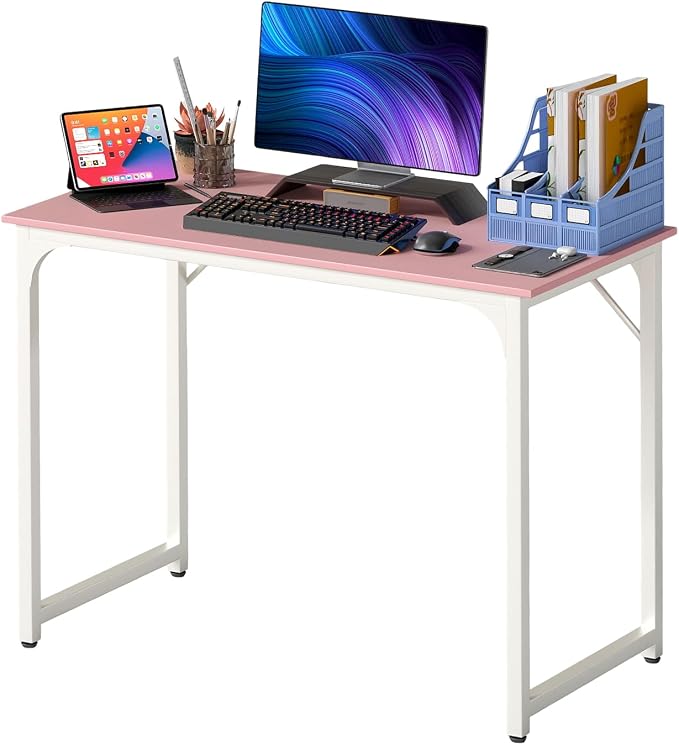 PayLessHere | 39 Inch Computer Desk | Pink | Office Desk with Metal Frame, Adjustable Feet | Water-Resistant, Scratchproof Surface | Sturdy Writing Table for Home Office or Study | Pack of 1