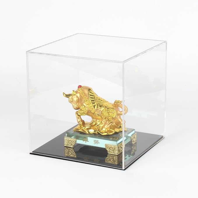 6x6x6Inch Fully Assembled Acrylic Display Case with Black Base | Clear Cube Dustproof Acrylic Display Box for Collectibles, Alternative Glass Case with Black Stand for Display Action Figure