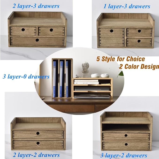 KIRIGEN Wooden Desk Organizer with 3 Drawers and Top Tray Natural DT2D3C-NA | 3-Drawer Cabinet with Top Shelf Stores Papers, Office Supplies, Cosmetics, Crafts, and Small Accessories on Desks or Counters