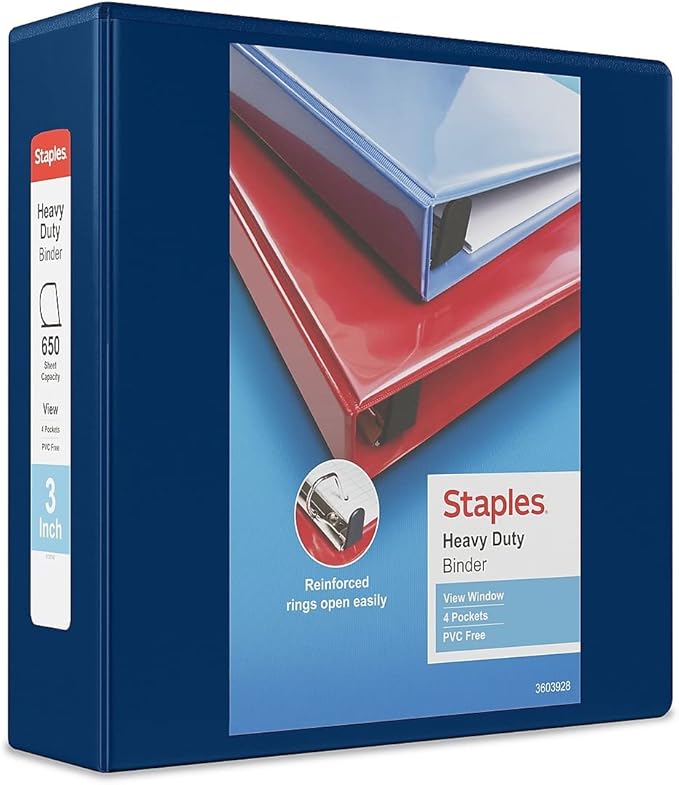 Staples Heavy‑Duty View Binder, 3" D‑Ring, Blue, Reinforced Spine, High‑Capacity 3‑Ring Binder for School & Office Organization