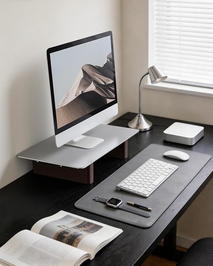 Aluminum Monitor Stand Riser, Ergonomic Desktop Shelf with Wooden Legs - 15.75” Wide Heavy Duty Computer Stand for Home Office, Universal Desktop Monitor Riser for PC, iMac, MacBook, Laptop
