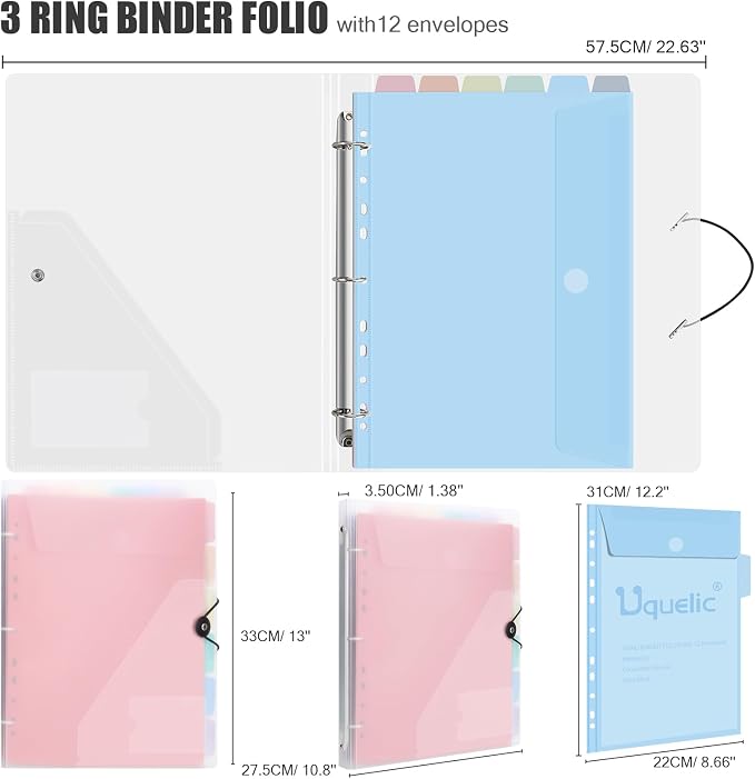 Uquelic A4 Binder, Folio Document Organizer, 3 Ring Folder Letter Size | Cute 12-Pocket Life Binder for Paper, Files, Photos, Letters, Cards (Clear-Macaron)