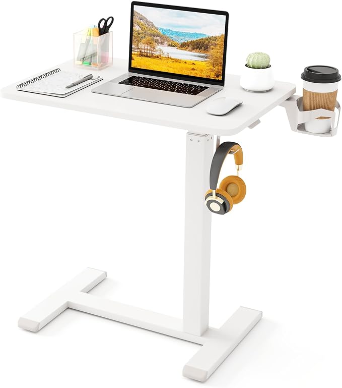 Tangkula Mobile Standing Desk, Pneumatic Height Adjustable Rolling Desk with Cup Holder & Headphone Hook, Overbed Table with Hidden Wheels, Laptop Computer Cart for Couch, Home, Office (White)