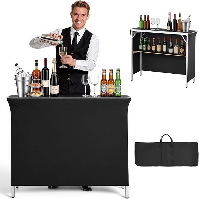 VEVOR Folding Portable Bar Table, 43.3 x 15.2 x 34.8 in, with Carry Bag, Storage Shelf, and Detachable Skirt, Quick and Easy Setup, Foldable Mobile Bartending Station for Events, Party, Tradeshow