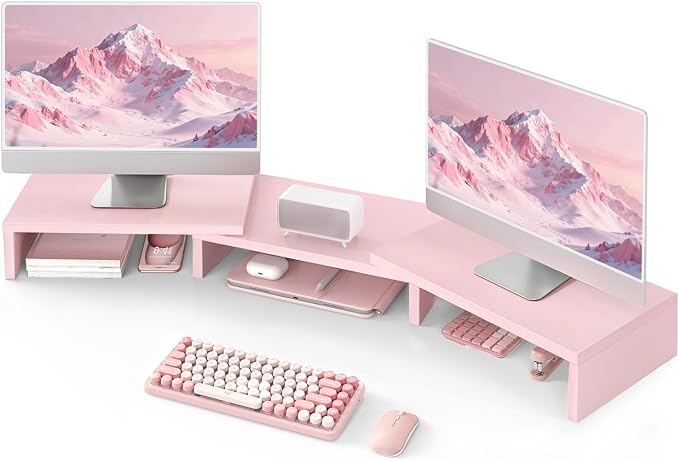 TAVR Dual Monitor Stand Riser, Wooden Computer Monitor Stand for 2 Monitors | Extra Long Multifunctional Desktop Organizer Riser for TV, PC Monitor, Laptop, Printer, Max 43.3" Length, Pink
