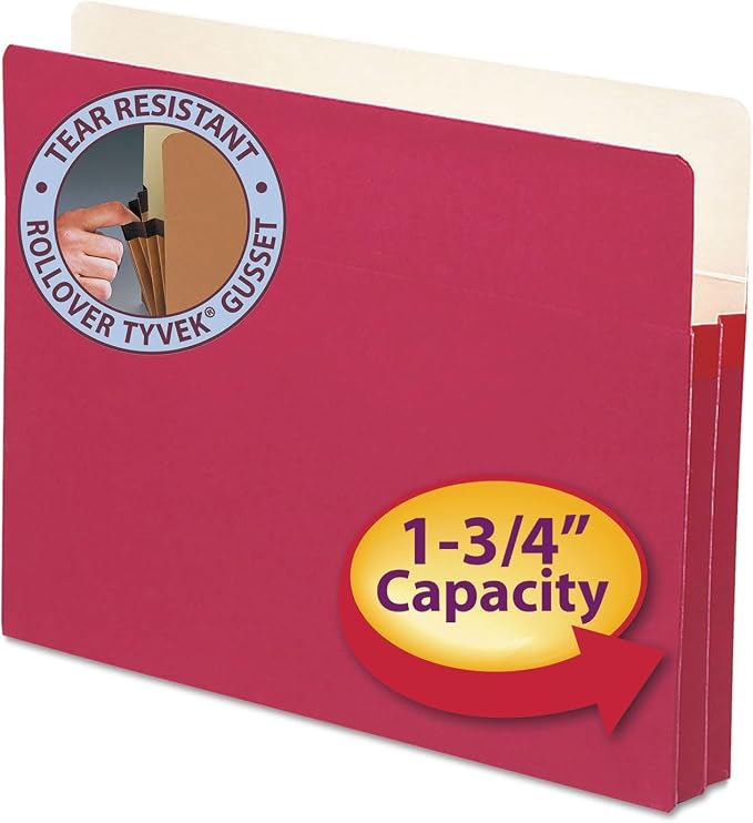Smead File Pocket, Straight-Cut Tab, 1-3/4" Expansion, Letter Size, Red, 25 per Box (73221)