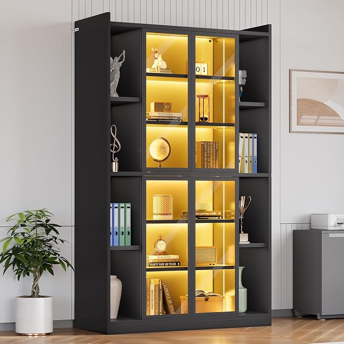 SEDETA 71" Tall 6-Tier Display Cabinet with Doors and Adjustable Shelves | Display Cases for Collectibles,Curio Cabinet with LED Lights & Acrylic Glass Doors for Bedroom Living Room Office,Black