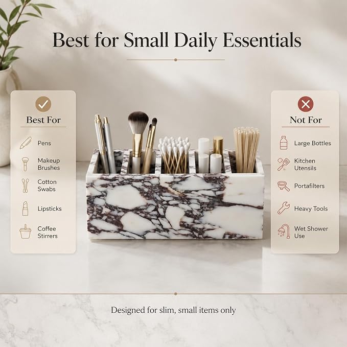 5-Compartment Marble Desk Organizer, 9.84 in | Natural marble 5-section organizer for pens, makeup brushes, cotton swabs, lipsticks, and slim daily items.