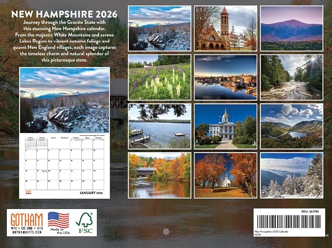 New Hampshire Calendar 2026 Wall 12 Month Monthly NH Scenic Souvenirs Themed Gifts | American Made In The USA