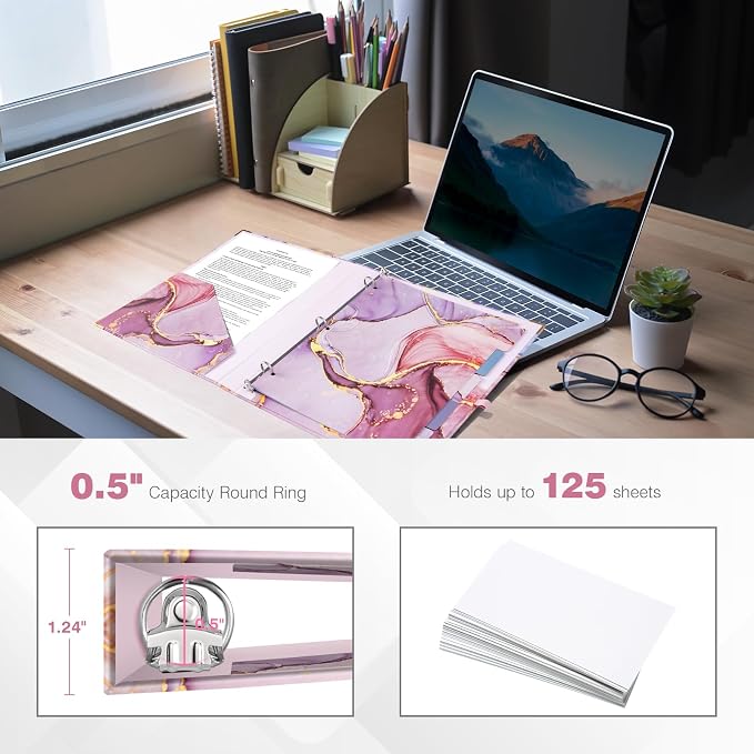 Ospelelf 3 Ring Binder, 1/2 Inch, Pink Marble, Letter Size (11" x 8.5"), 5 Tab Dividers, File Folder Labels, Low Profile Clipboards
