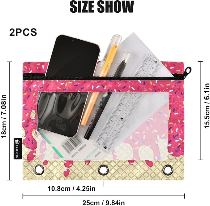 Red Ice Cream Print Pencil Pouch for 3 Ring Binder, 2 Pack Waterproof Pencil Bags Clear Window Pencil Case Zipper School Office Supplies