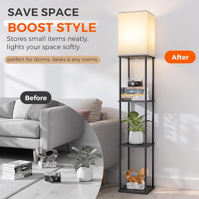 Floor Lamp with Shelves, 3-Tier Modern Square Bookshelf Standing Lamp Black | 3 Color Temperature Bulb Included, Pull Chain Tall Lamp for Living Room Bedroom Corner Office Apartment Decor