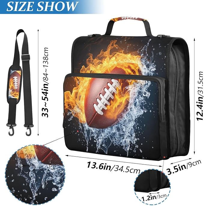 Football Print 3 Ring Zipper Binder with Shoulder Strap & Handle 3 Inch D-Ring Zippered Bag with Pencil Pouch,Multiple Pocket & Expanding File Folder, Binder Organizer for School or Office