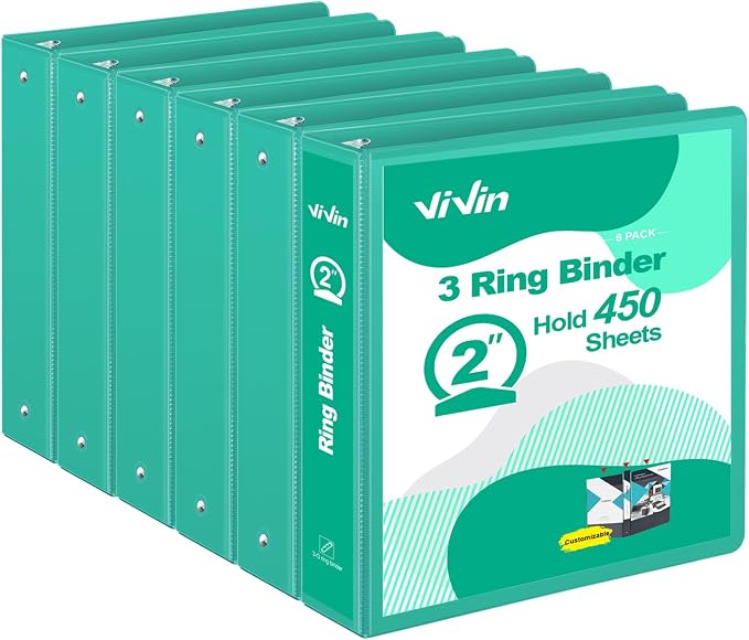 ViVin 2 Inch Round Ring View Binder for Durability, 6 Pack (Lake Green) | Standard 3 Ring Binder for 450 Sheets of US Letter Size Paper, PVC-Free, Clear Front Pocket, Office Home School Use