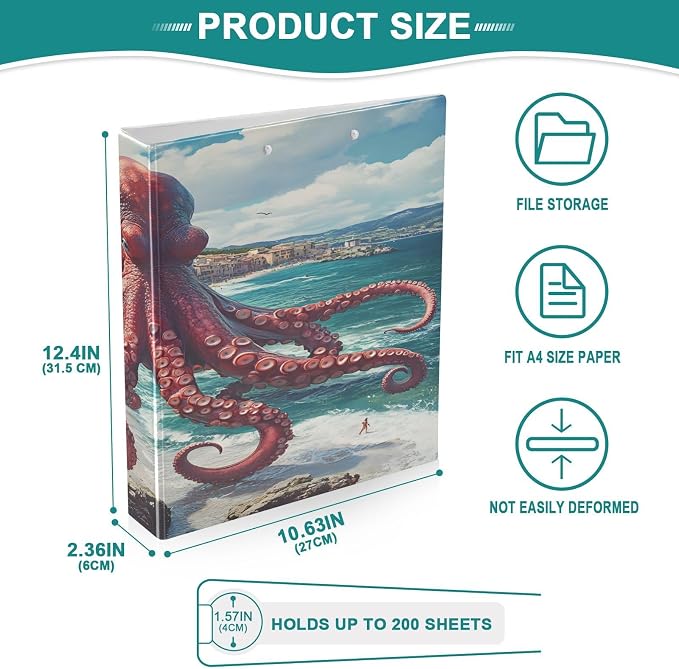 3 Ring Binder Octopus Ocean Nautical Coastal 1.5 inch Binders Three Ring Binders with Clipboard Fit 8.5'' x 11'' Paper 3 Interior PVC Clear Pockets for Office Supplies