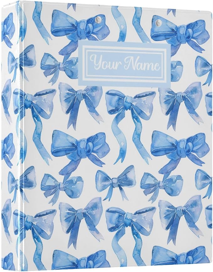 Custom Blue Ribbon Bows Personalized 3 Round Ring Binders | 1.5 Inch Binder with Clipboard, PVC Pockets, Work Organizer, Holds 200 Sheets for School Office 1 Pack