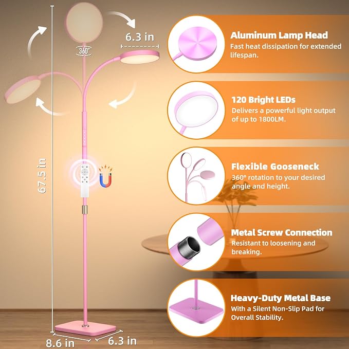 PACOVY Floor Lamp, Adjustable Height Floor Lamps for Living Room Bedroom, 120 LED Super Bright Standing Lamp Remote Control Dimmable Gooseneck Tall Stand Reading Lamp for Office Craft, Pink