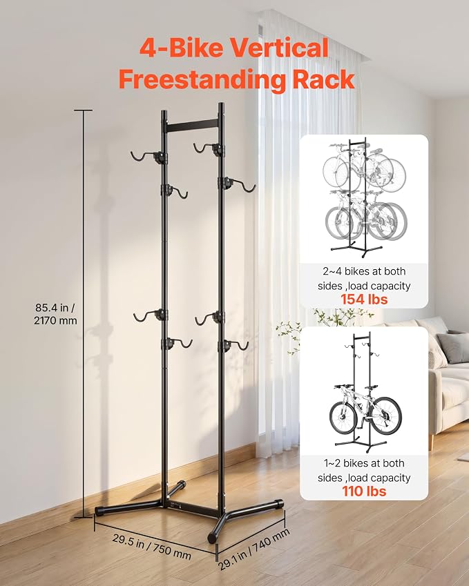 VEVOR Bike Stand for 4 Bikes, Freestanding Vertical Bike Storage Rack, with Height-Adjustable Hooks, Heavy-Duty Carbon Steel Garage Bicycle Floor Stand, Ideal for Garage, Apartment, Home, Black