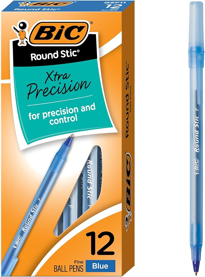 BIC Round Stic Xtra Precision Fine Blue Ballpoint Pens, 12-Count Pack