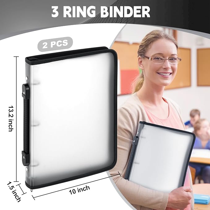 Teling 2 Pcs 1 Inch Zipper Binder 3 Ring Organizer, White | Secure Zipper Closure, Refillable 3 Ring Design, Handle Carry, Fits Letter Size Papers for School, Office and Projects