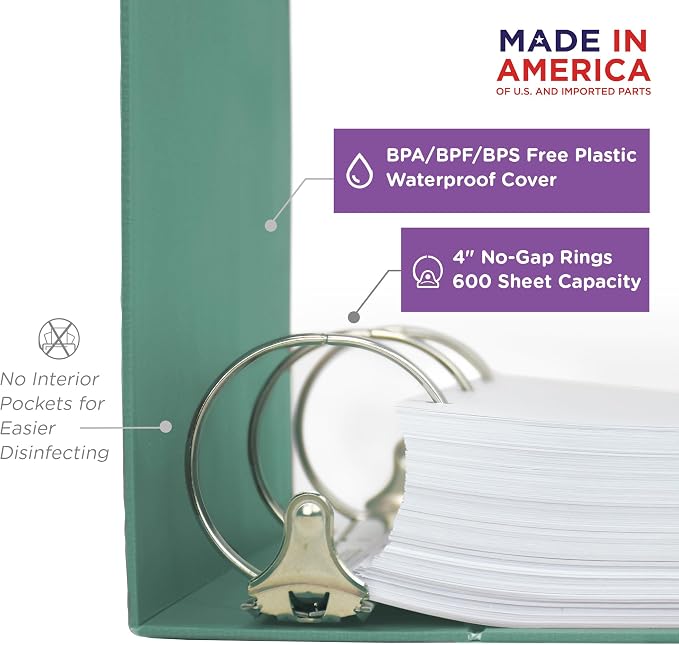Carstens 4-Inch Heavy Duty 3-Ring Binder - Side Opening, Mint, Durable Plastic, Precision No-Gap Rings, Waterproof Cover, No Pockets, Holds 600 US Letter Sheets, BPA-Free, Made in USA (1844-3R)